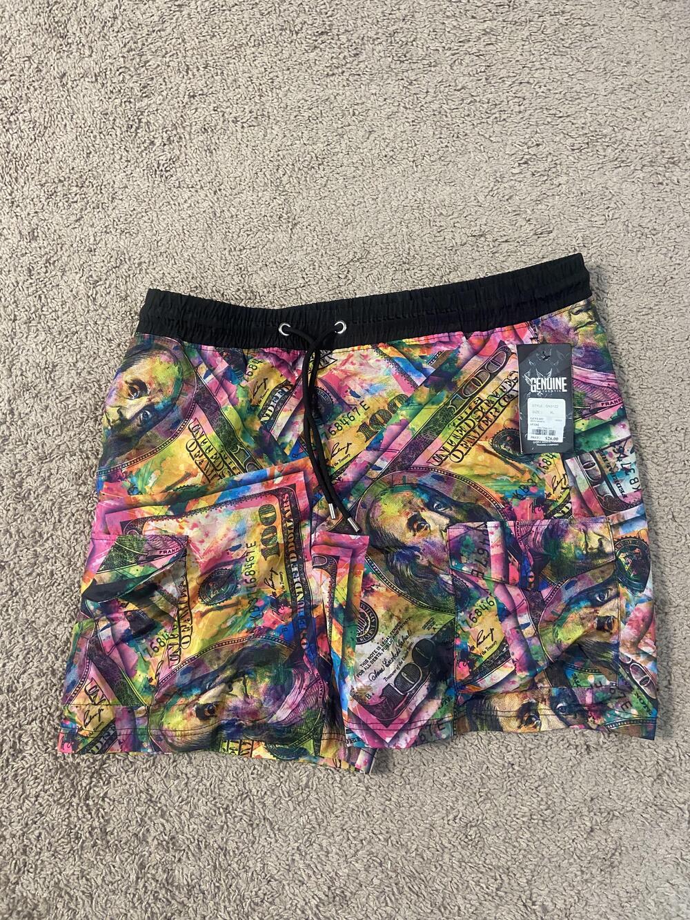 Genuine Shorts Mens XL Multicolor Money Print Swim Trunks Mesh Liner Drawstring